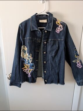 Chico's Dark Wash Denim Jacket with Multicolor Floral Embroidery